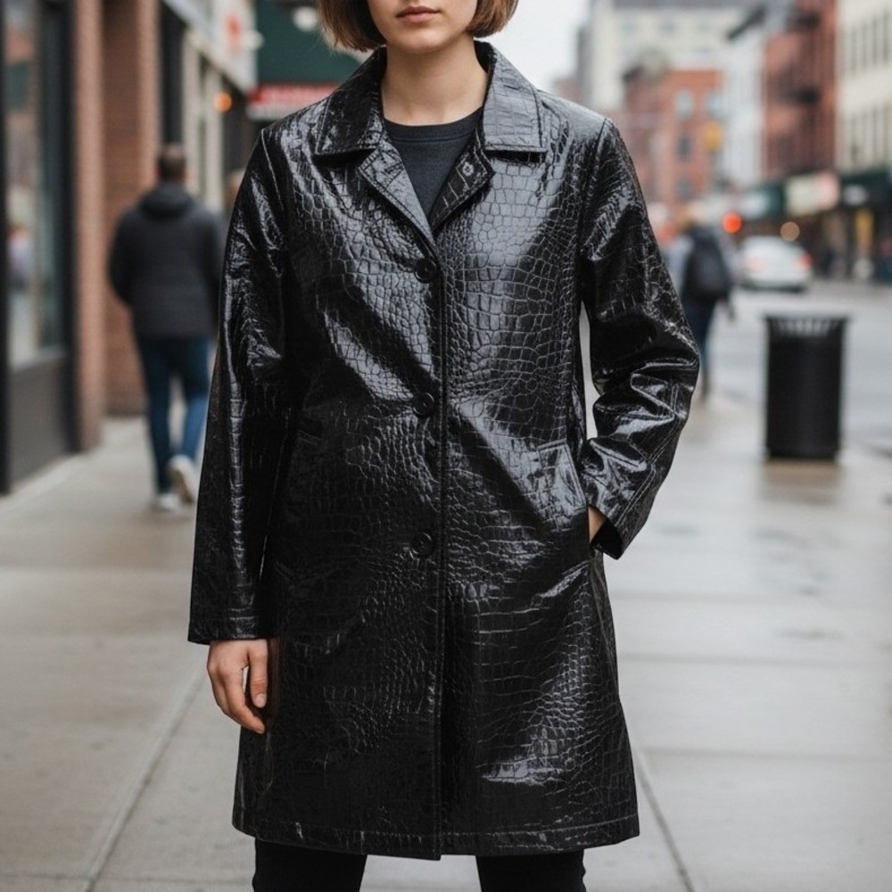 Totes Womens XL Black Faux Leather Crocodile Embossed Patent Raincoat Jacket